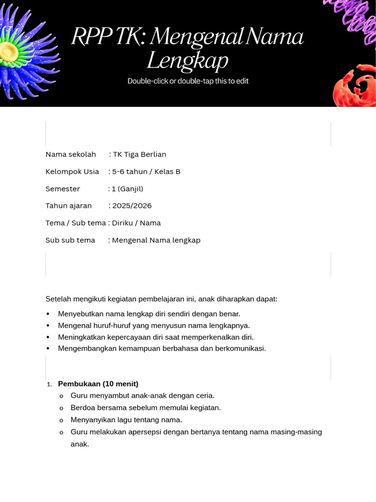 RPP Tema Diri Sendiri untuk TK B | PDF