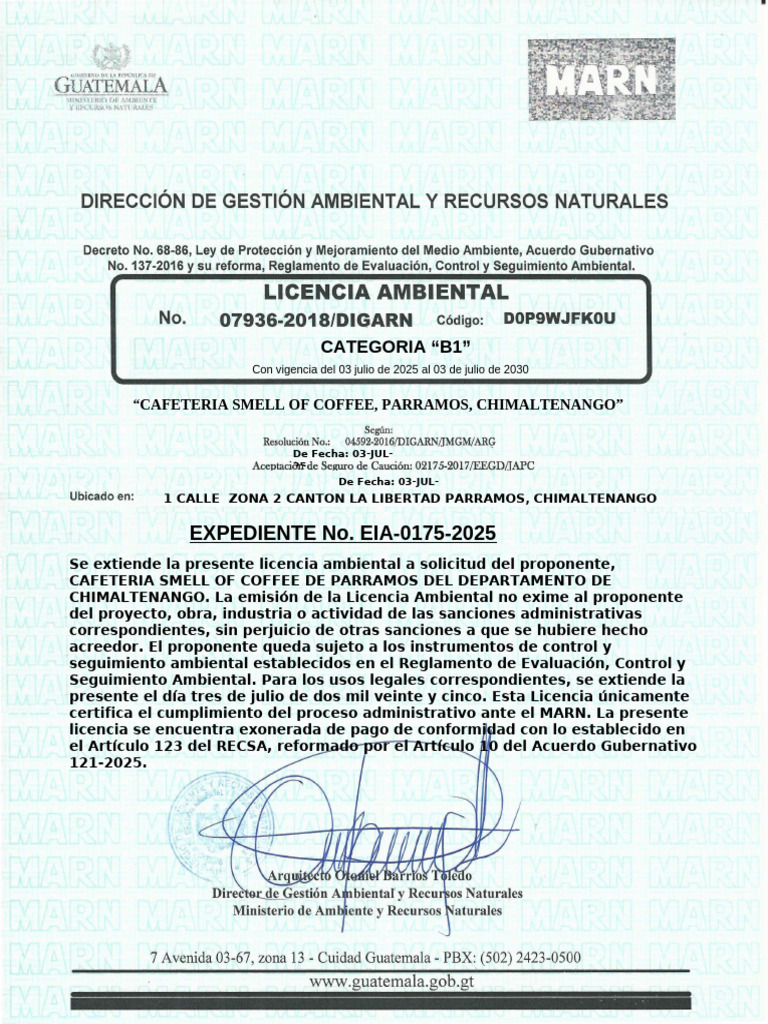 Licencia Ambiental Cafetería Smell of Coffee | PDF