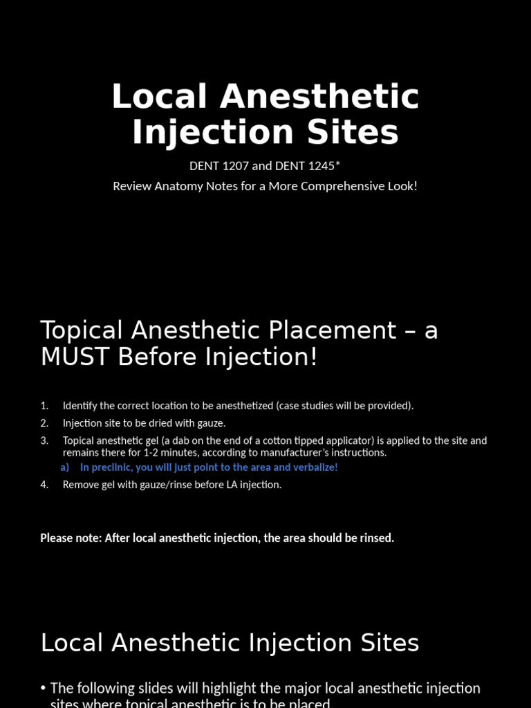 Local Anesthetic Injection Sites Guide | PDF | Mouth | Dentistry Branches