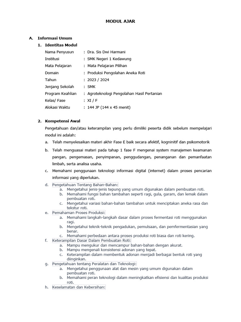 Modul Produksi Roti SMK 2023/2024 | PDF