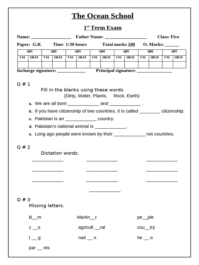 G.K. Exam Paper for Class Five | PDF