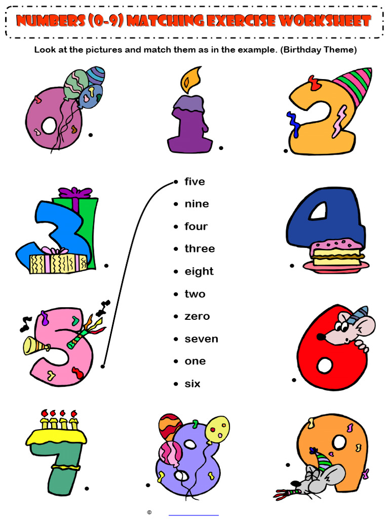 Numbers 0 To 9 Matching Exercise Worksheet Birthday Theme | PDF