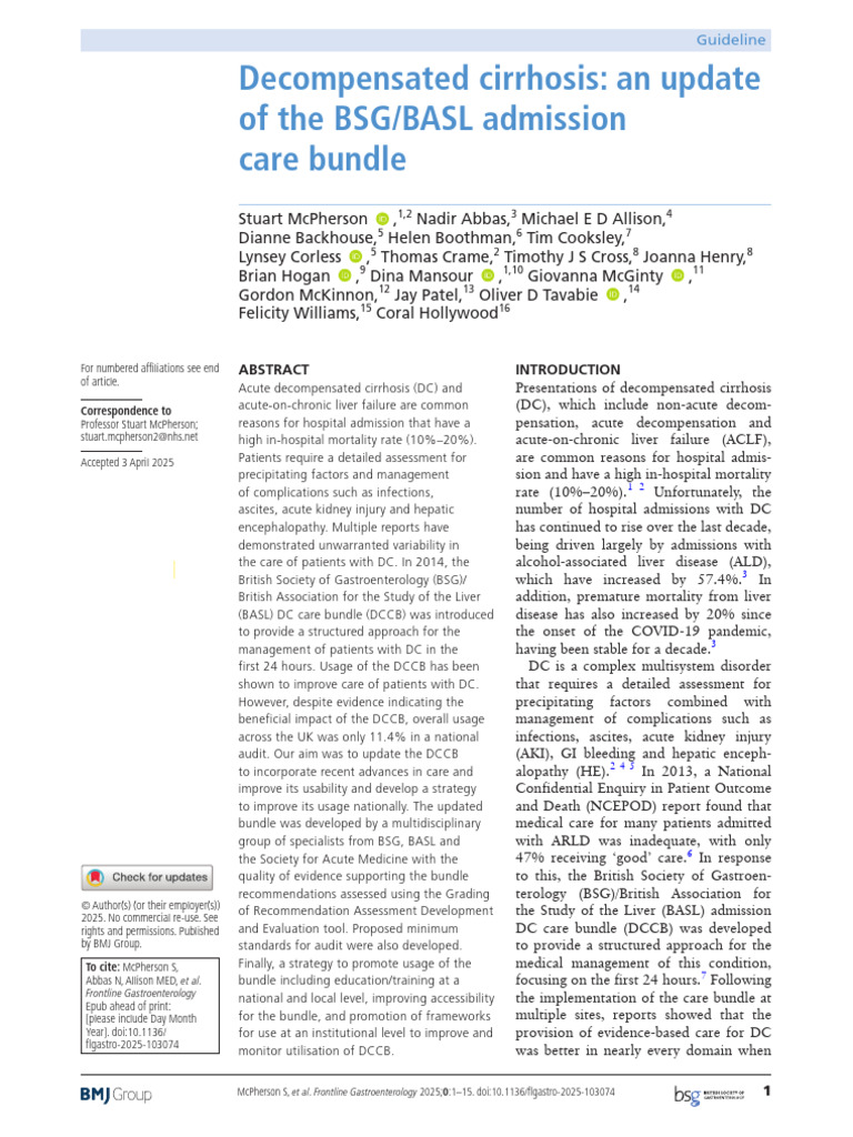 Updated BASL Care Bundle for DC | PDF | Cirrhosis | Medical Specialties