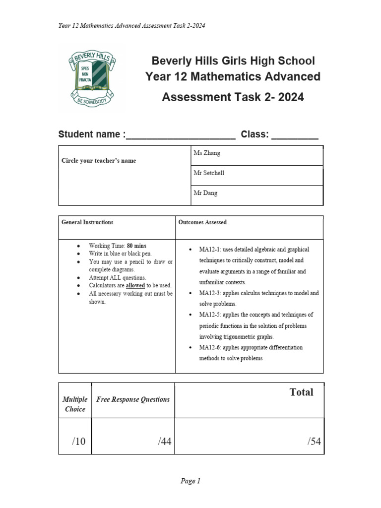 2024 Year 12 Advanced AT2 | PDF | Tangent | Function (Mathematics)