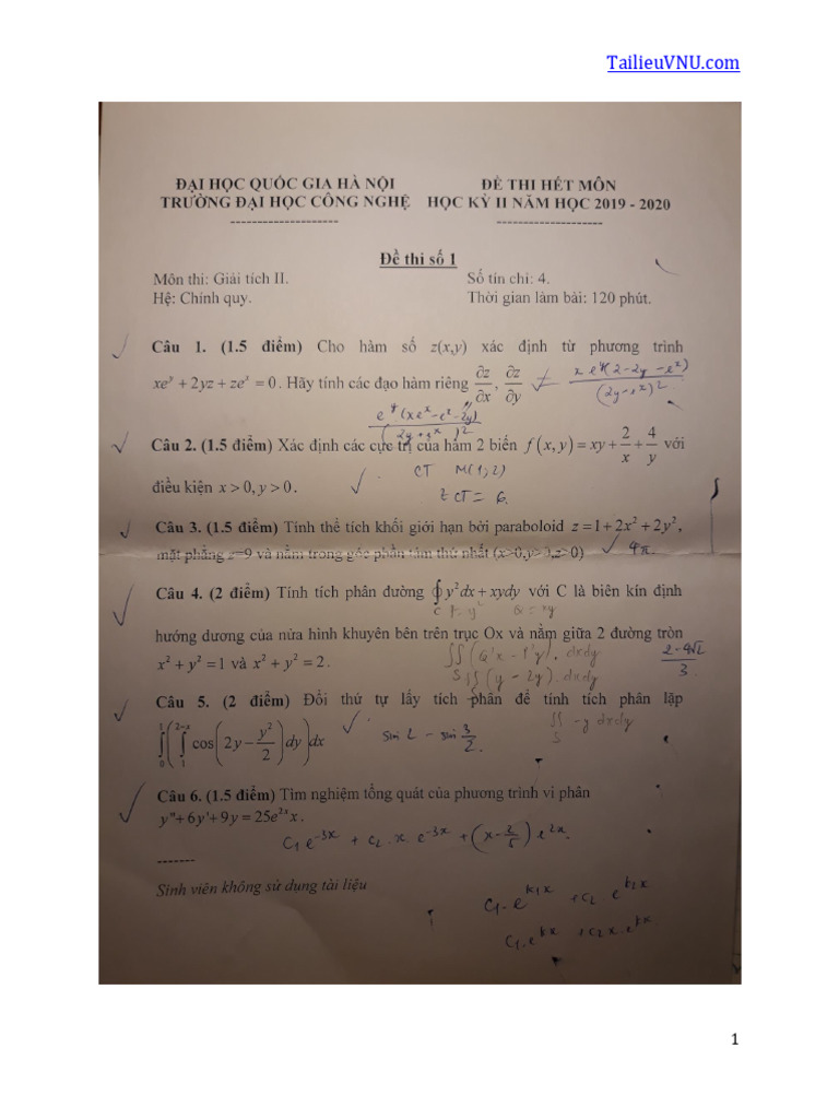 (TailieuVNU - Com) de Thi Giai Tich 2 de So 1 Ky 2 Nam Hoc 2019 2020 ...