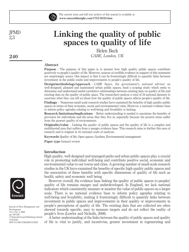 Impact of Public Spaces on Quality of Life | PDF | Quality Of Life | Data