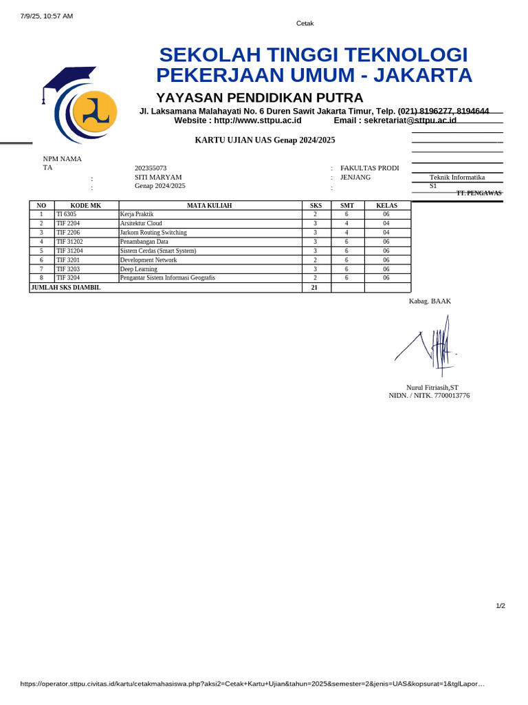Kartu Ujian UAS Genap 2024/2025 STTPU | PDF