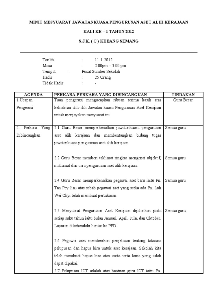 Minit Mesyuarat Jawatankuasa Pengurusan Aset Alih Kerajaan Pdf