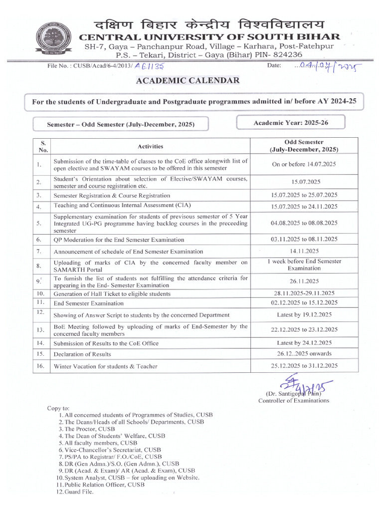 Academic Calendar AY 2025-26 For Ongoing Batches UG and PG Students ...