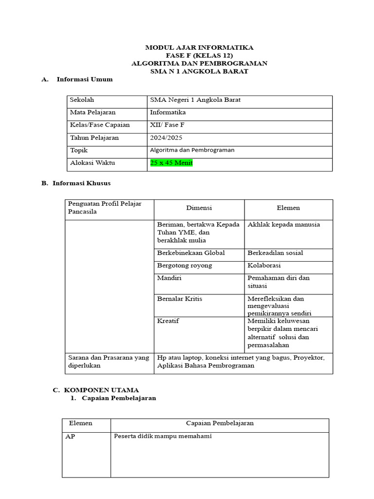 MODUL AJAR INFORMATIKA Algoritma Dan Pembrograman | PDF