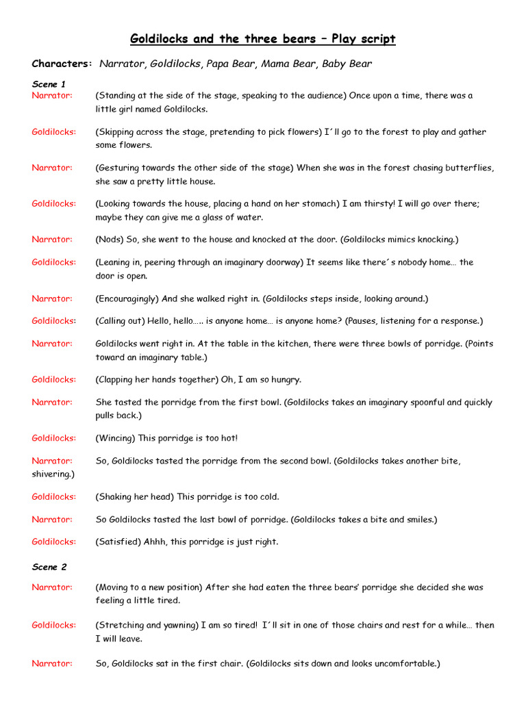 Goldilocks and The Three Bears Play Script | PDF | Goldilocks And The ...