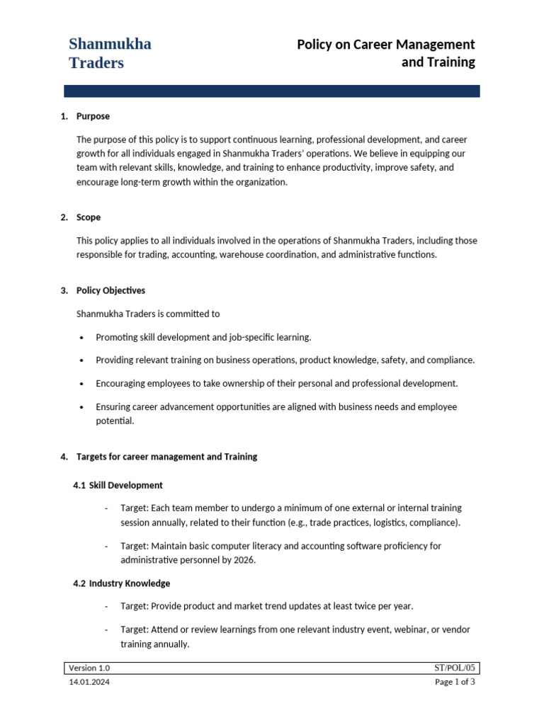 Shanmukha Traders Career Development Policy | PDF | Regulatory ...
