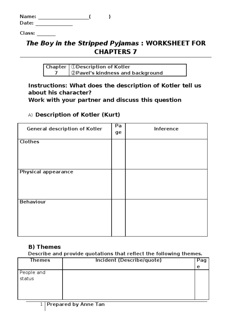 The Boy in The Striped Pyjamas Chap 7 Worksheet PDF Racism