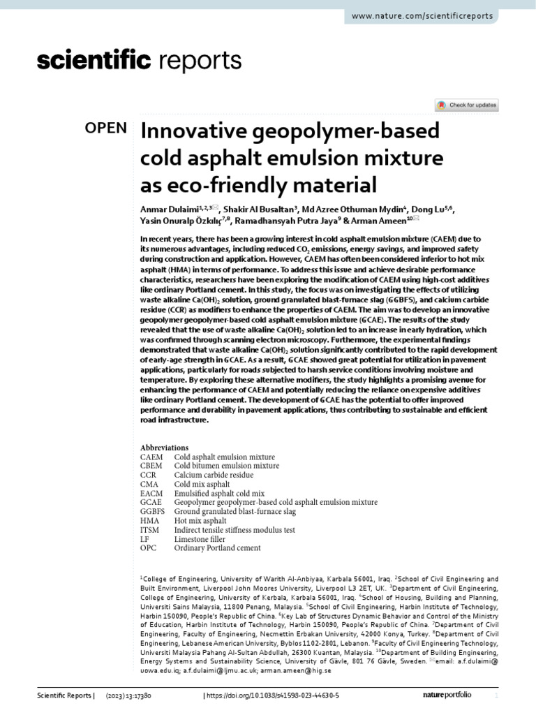 Geopolymer Cold Asphalt Innovations | PDF | Cement | Concrete