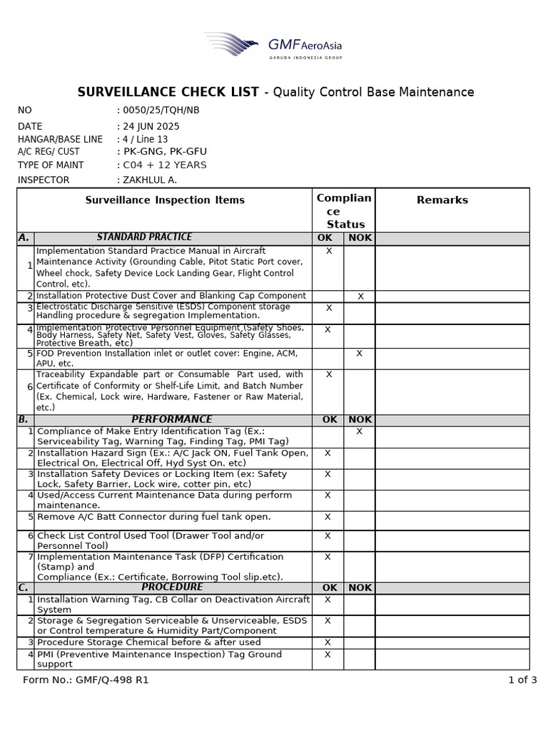 GFU Form Surveillance Checklist | PDF | Electrostatic Discharge