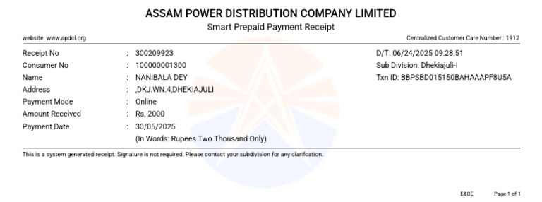 Assam Power Prepaid Payment Receipt | PDF