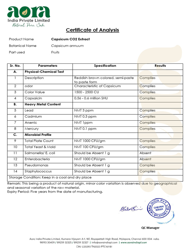 Capsicum CO2 Extract Analysis Report | PDF