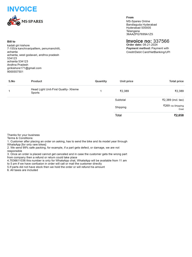 Invoice for Head Light Unit Purchase | PDF | Banking Technology | Payments