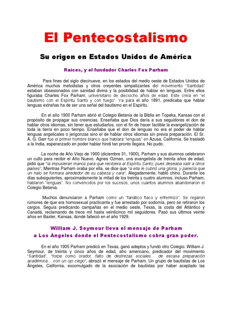 Orígenes del Pentecostalismo en EE.UU. | PDF | Pentecostalismo ...