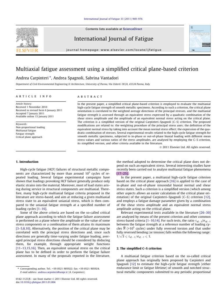 Multiaxial Fatigue Assessment Using A Simplified Critical Plane-Based ...