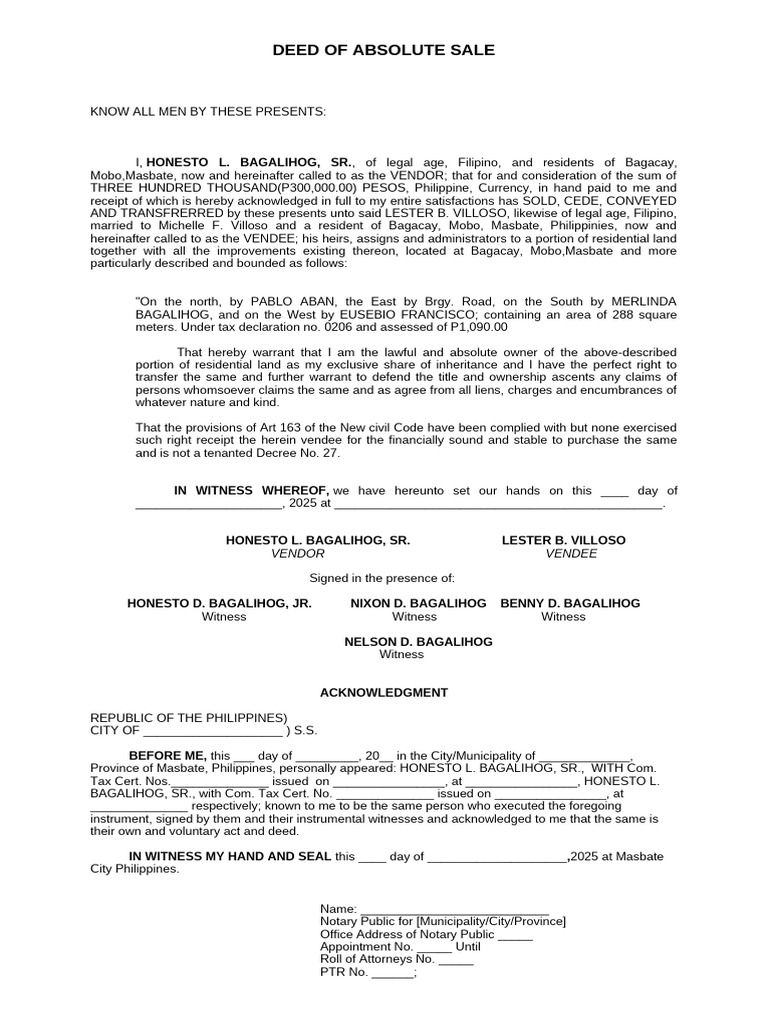 Deed of Absolute Sale | PDF | Real Property Law | Private Law