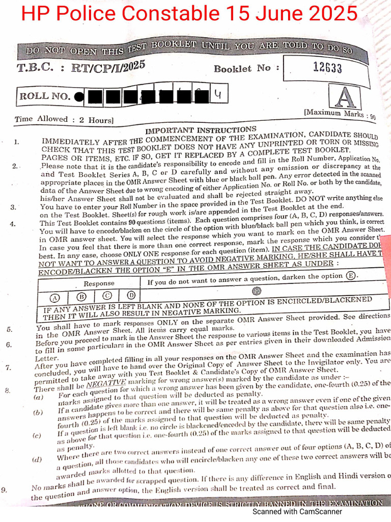 HP Police Constable 15 June 2025 Question Paper | PDF