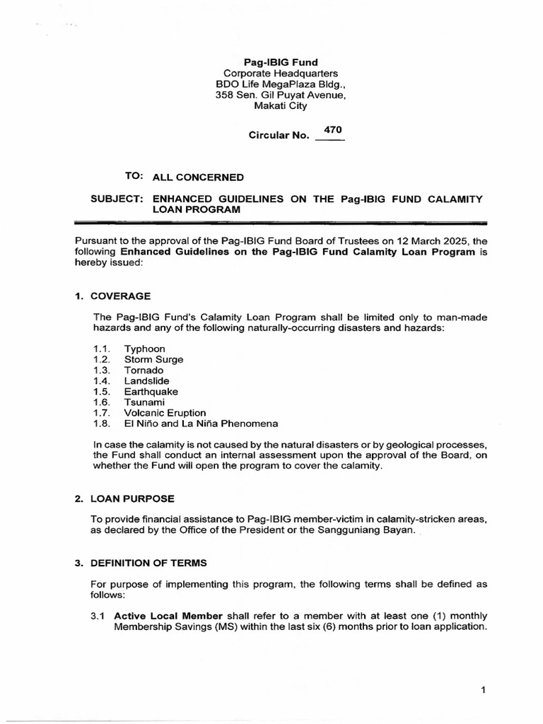 Pag-IBIG Calamity Loan Guidelines 2025 | PDF | Loans | Personal Finance