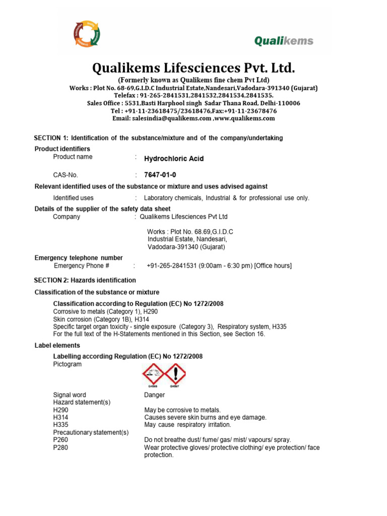 Hydrochloric Acid MSDS Overview | PDF | Personal Protective Equipment ...
