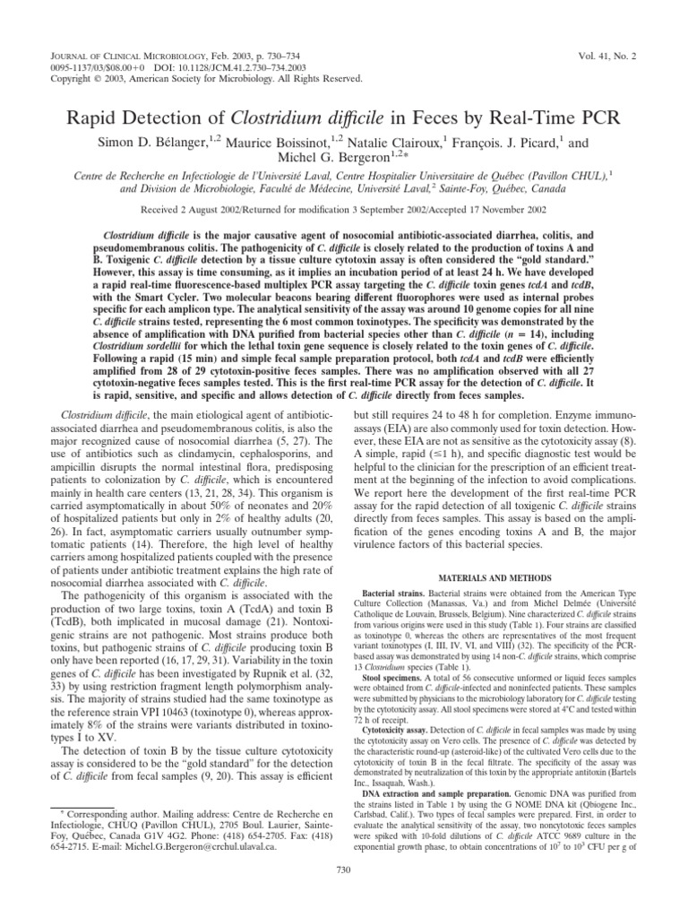Rapid Detection of Clostridium Difficile in Feces by Real-Time PCR ...