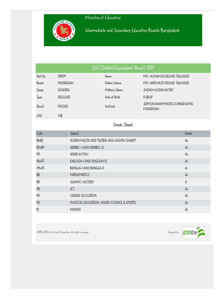 SSC Result 2025: Humayun Rashid Talukder | PDF
