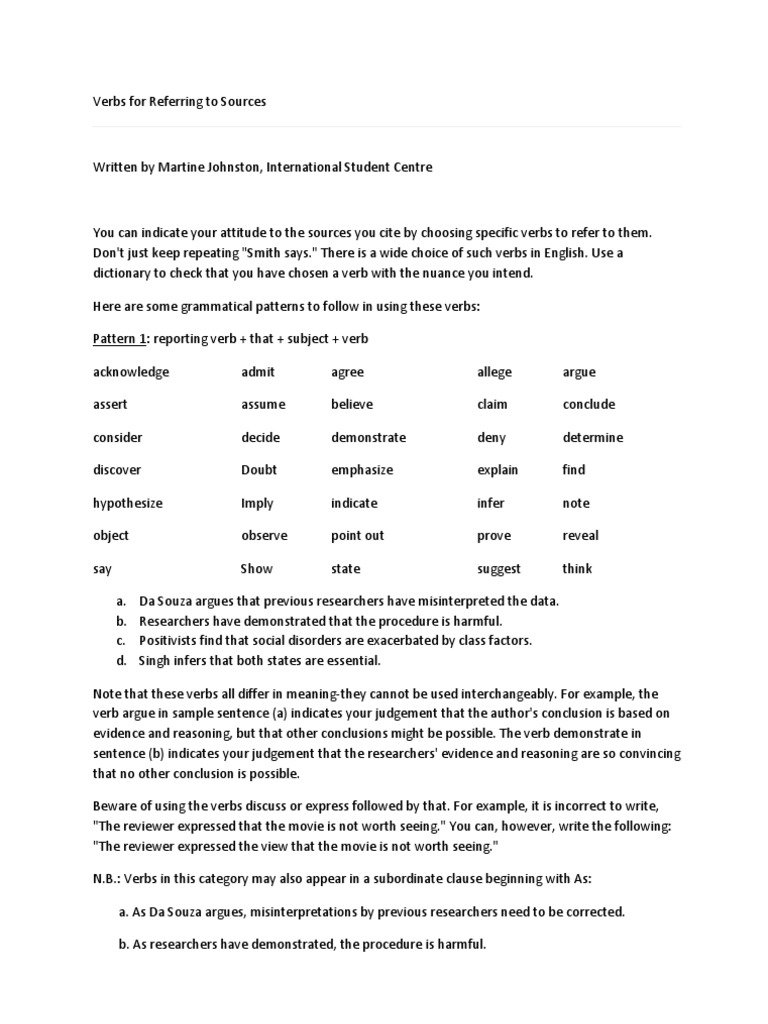 Verbs for Citing Sources Effectively | PDF | Verb | Sentence (Linguistics)