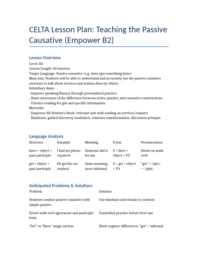 Passive Causative CELTA Lesson Plan | PDF | Cognition | Learning