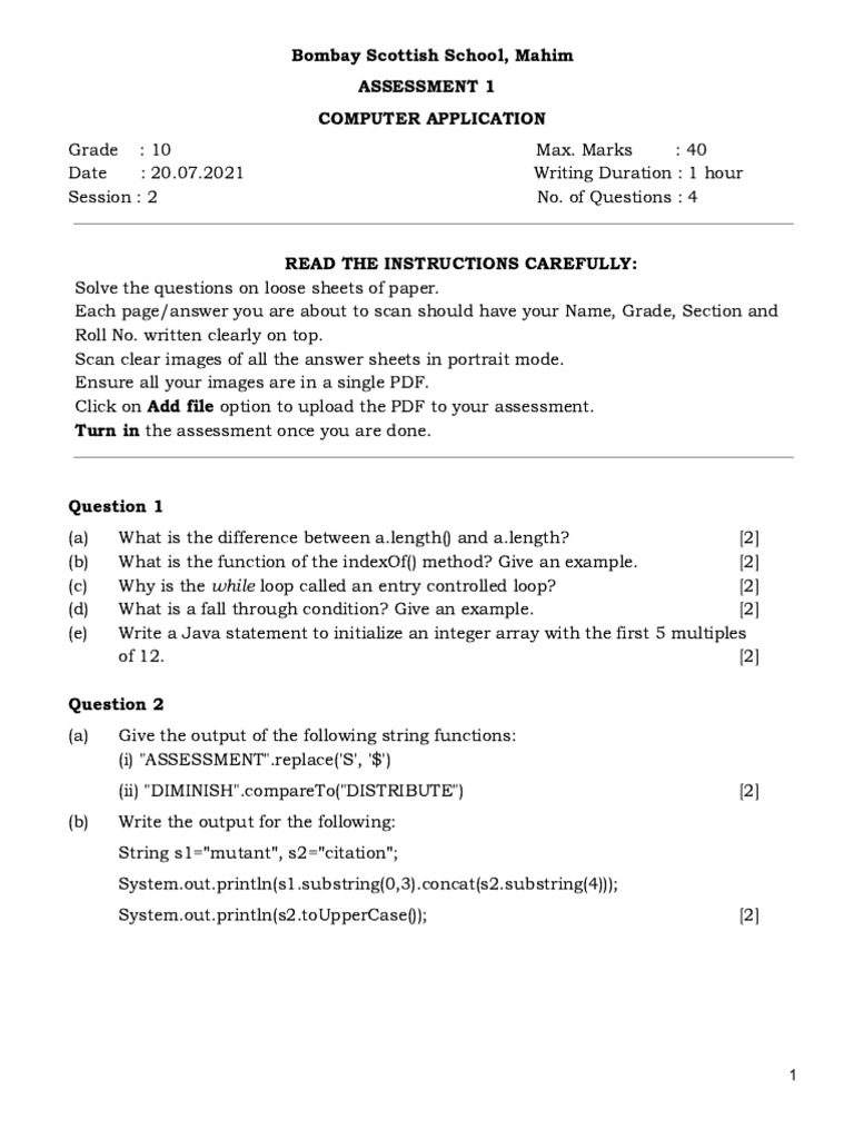 Grade 10 Computer Application Assessment | PDF | String (Computer ...