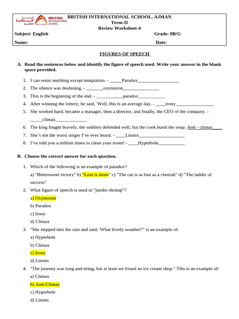 Term 2 - Ak - Figures of Speech - Review Worksheet | PDF | Irony