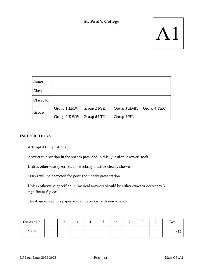 2223 F5 T2 Paper 1 Section A1 QAB | PDF | Mathematics