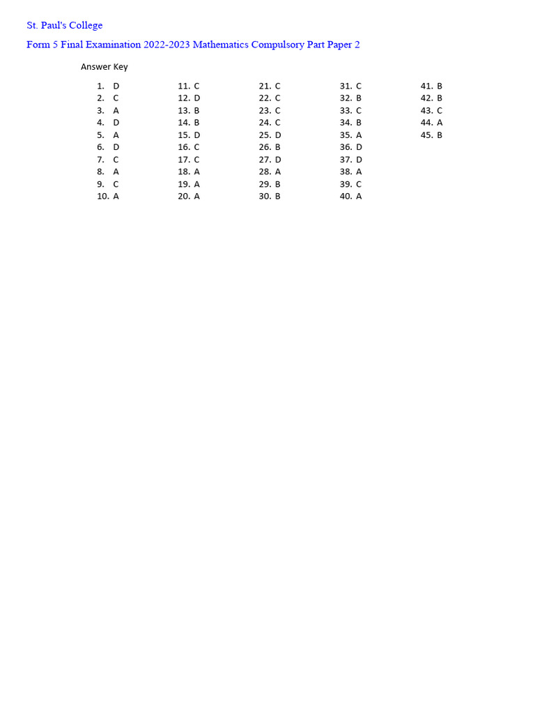 St. Paul's College Math Exam Answer Key | PDF