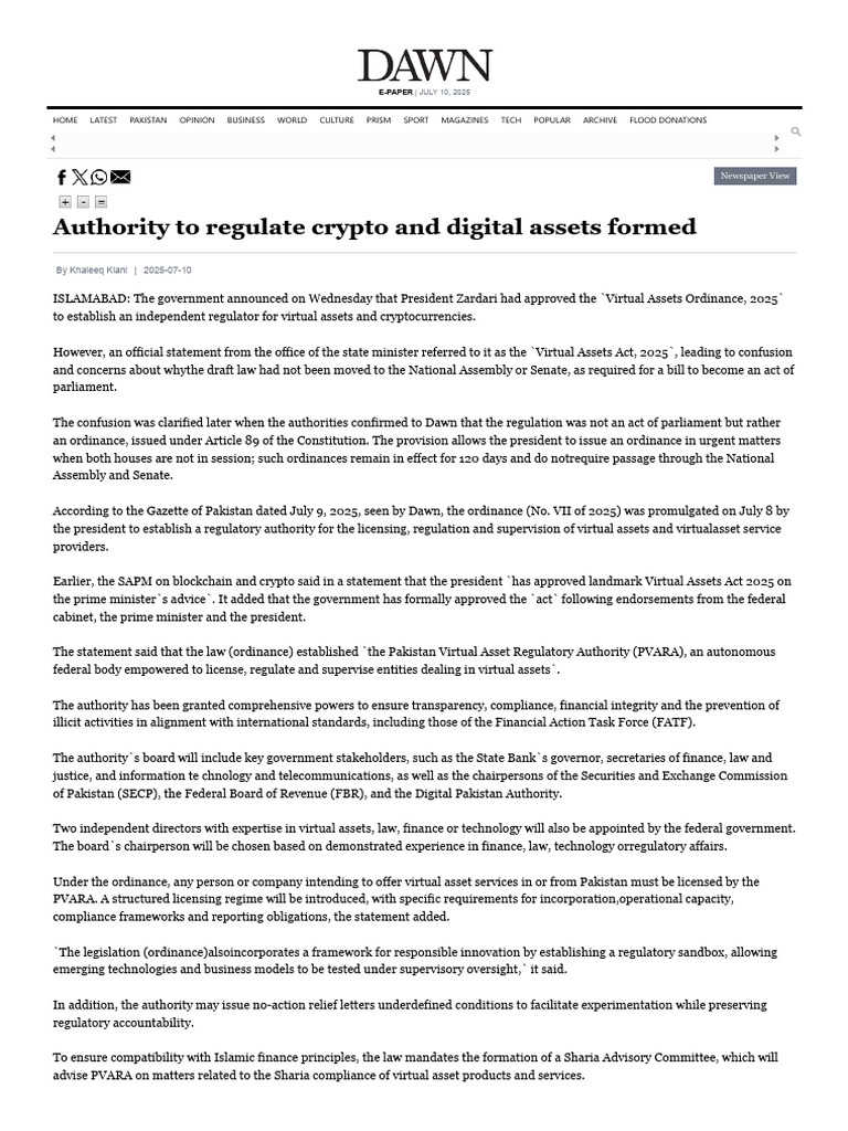 Authority To Regulate Crypto and Digital Assets Formed | PDF | Islamic  Banking And Finance | Regulatory Compliance