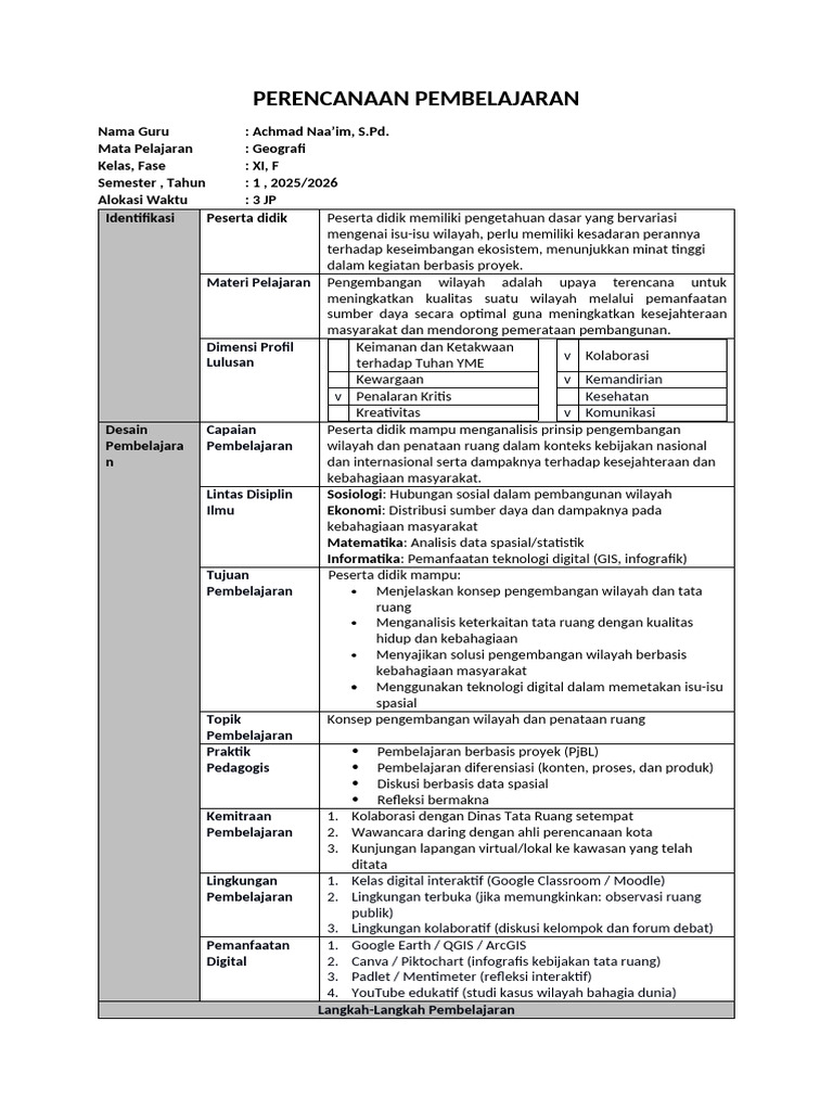 Contoh Perencanaan Pembelajaran Pdf