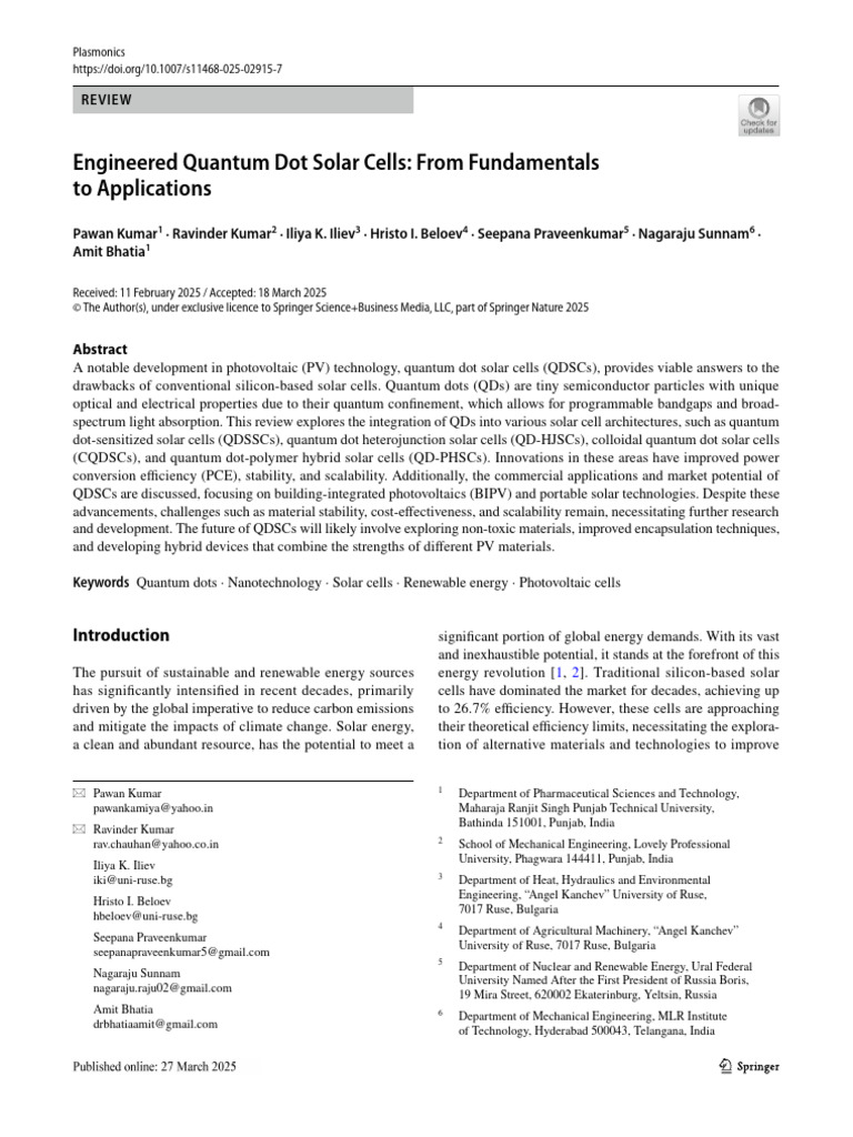 Engineered Quantum Dot Solar Cells Review | PDF | Solar Cell | Materials