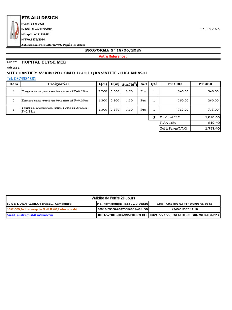 Devis Proforma ETS ALU DESIGN 2025 | PDF
