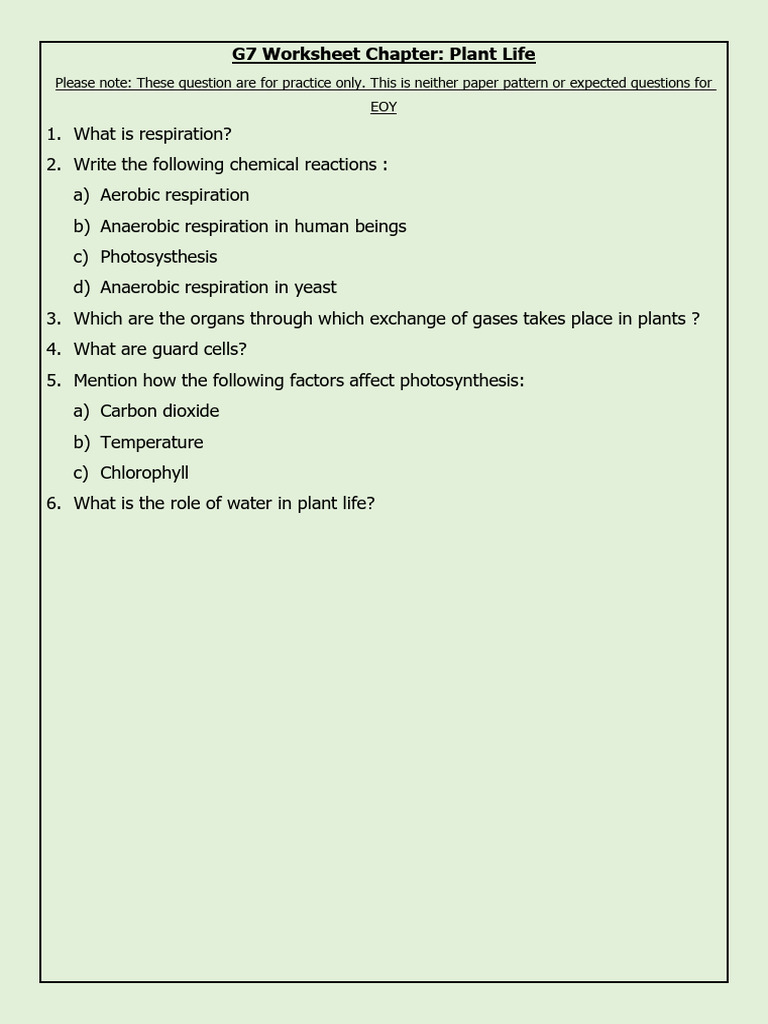 Plant Life Worksheet for Class 7 | PDF