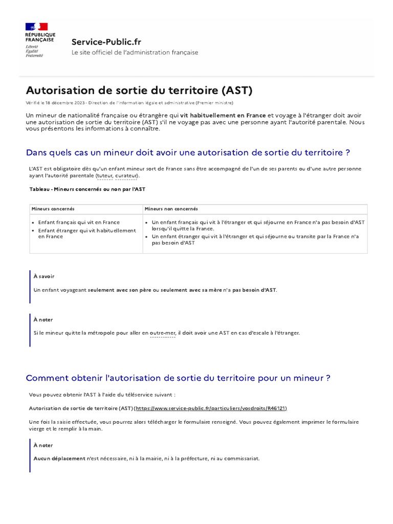 Autorisation de Sortie du Territoire Mineur | PDF | Passeport ...
