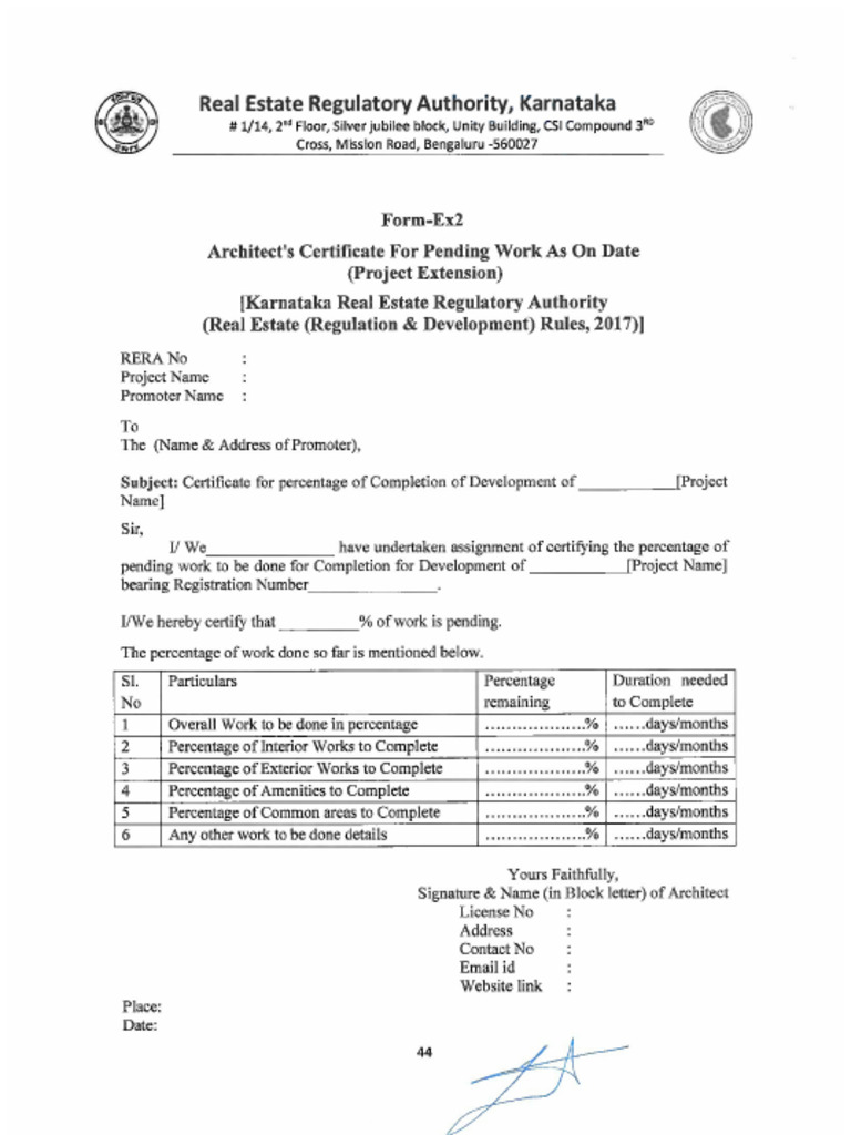 Form-Ex2 Architect Certificate For Pending Work As On Date | PDF