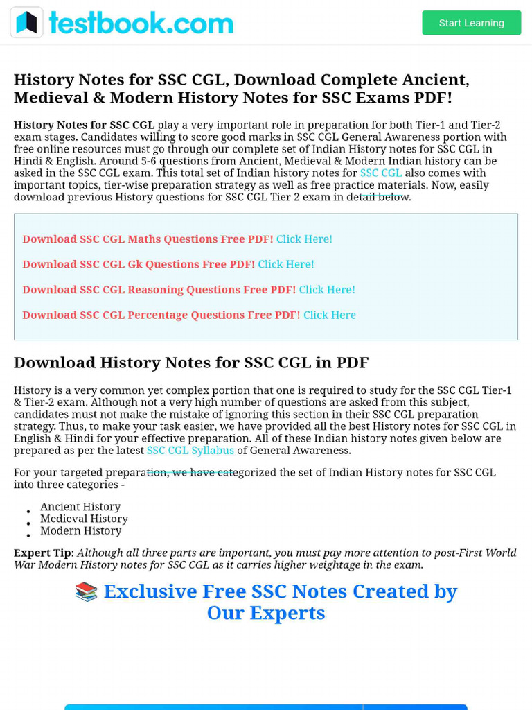 History Notes For SSC CGL, Download Complete Ancient, Medieval & Modern ...