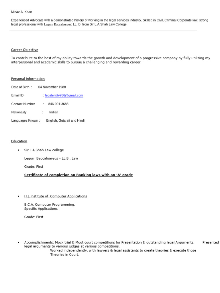 Advocate CV: Minaz A. Khan | PDF | Lawsuit | Lawyer