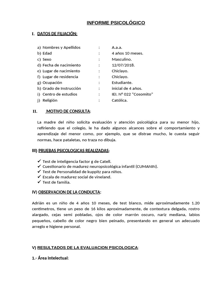 Informe Psicológico Infantil de Adrián | PDF | Las emociones | Sicología