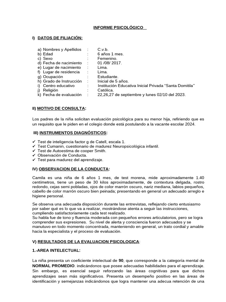 Informe Psicológico de Camila, 6 Años | PDF | Las emociones | Memoria