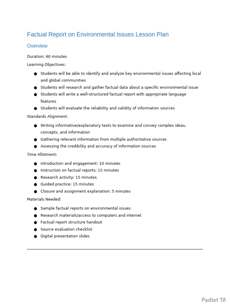 Factual Report On Environmental Issues Lesson Plan | PDF | Lesson Plan ...