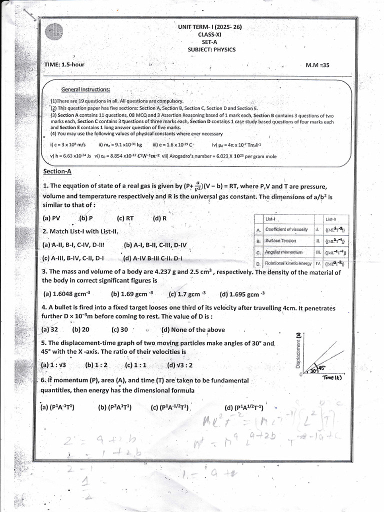 Phy +1 LBS (Unit Term 1) Set A | PDF | Velocity | Mechanics