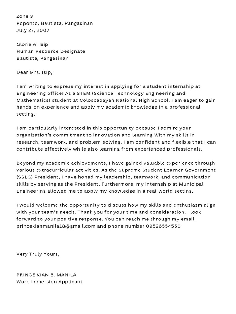 Student Internship Application Letter | PDF